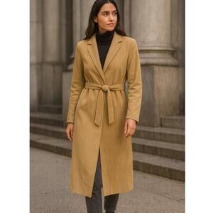 Vintage 70s Stanley Sherman Tan Suede Lined Long Trench Coat S/M Belted